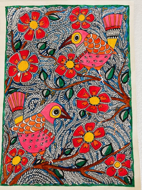 Original painting by Maithili Joshi: pink birds among red flowers and patterned leaves