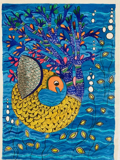 Original painting by Maithili Joshi: a golden bird with a flowering tree on deep blue